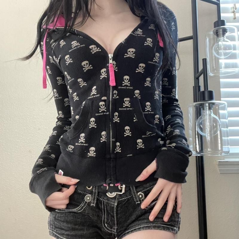 Vintage Zip Hoodie - Cardigan gothique imprimé squelette, sweat-shirt à